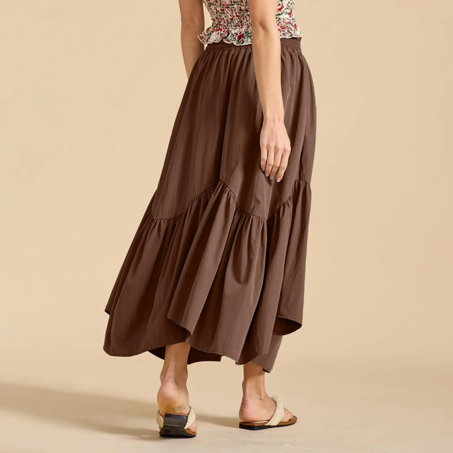 Maxi Skirts for Women Summer Boho Flowy Swing Ruffle Tiered A-Line Drawstring Elastic Waist Pleated Long Skirt Dress