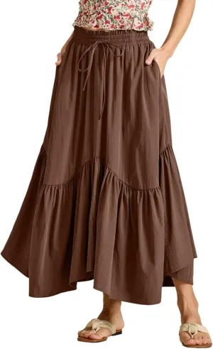 Maxi Skirts for Women Summer Boho Flowy Swing Ruffle Tiered A-Line Drawstring Elastic Waist Pleated Long Skirt Dress