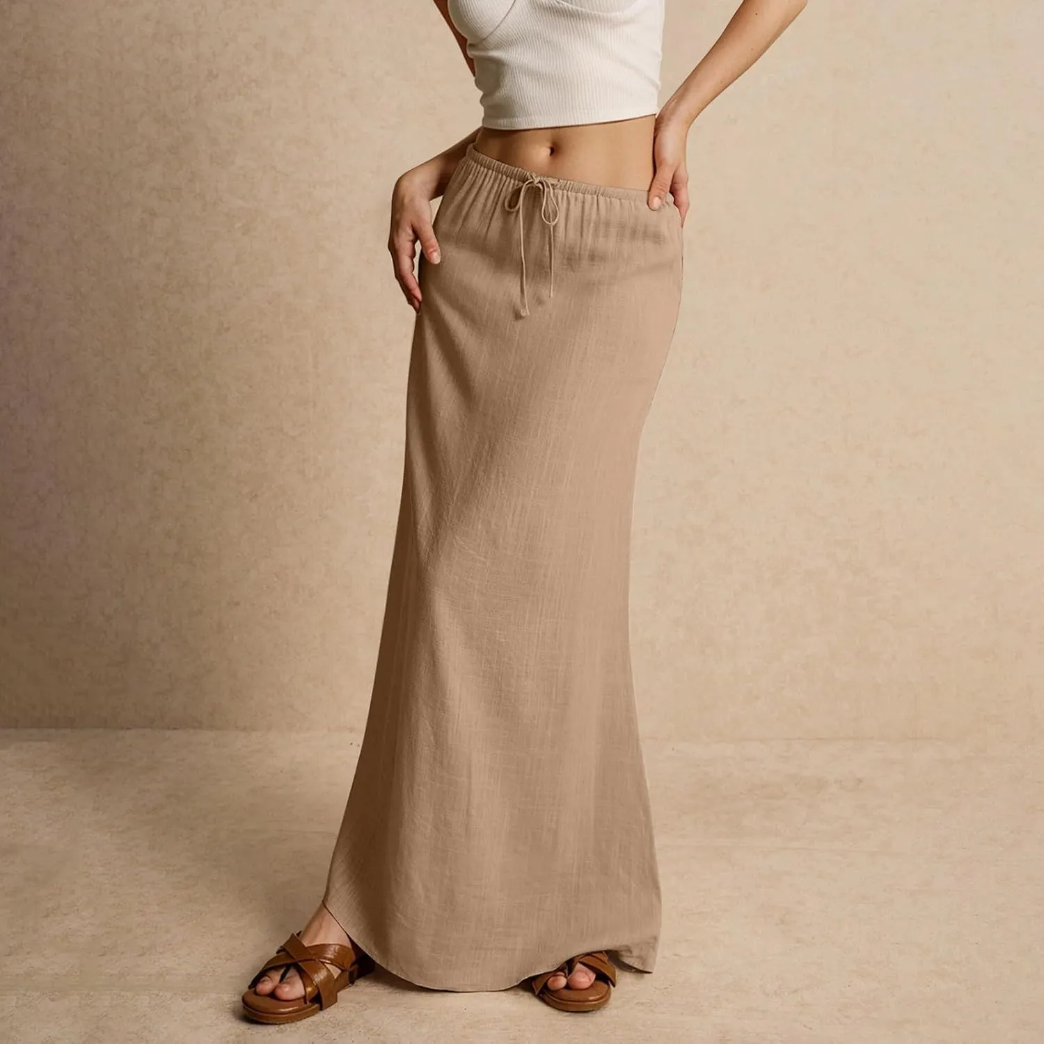 Maxi Skirts for Women Summer Comfy Cotton Linen Long Skirts Casual Low Waisted A Line Skirt Boho Cover Up Beach Skirt