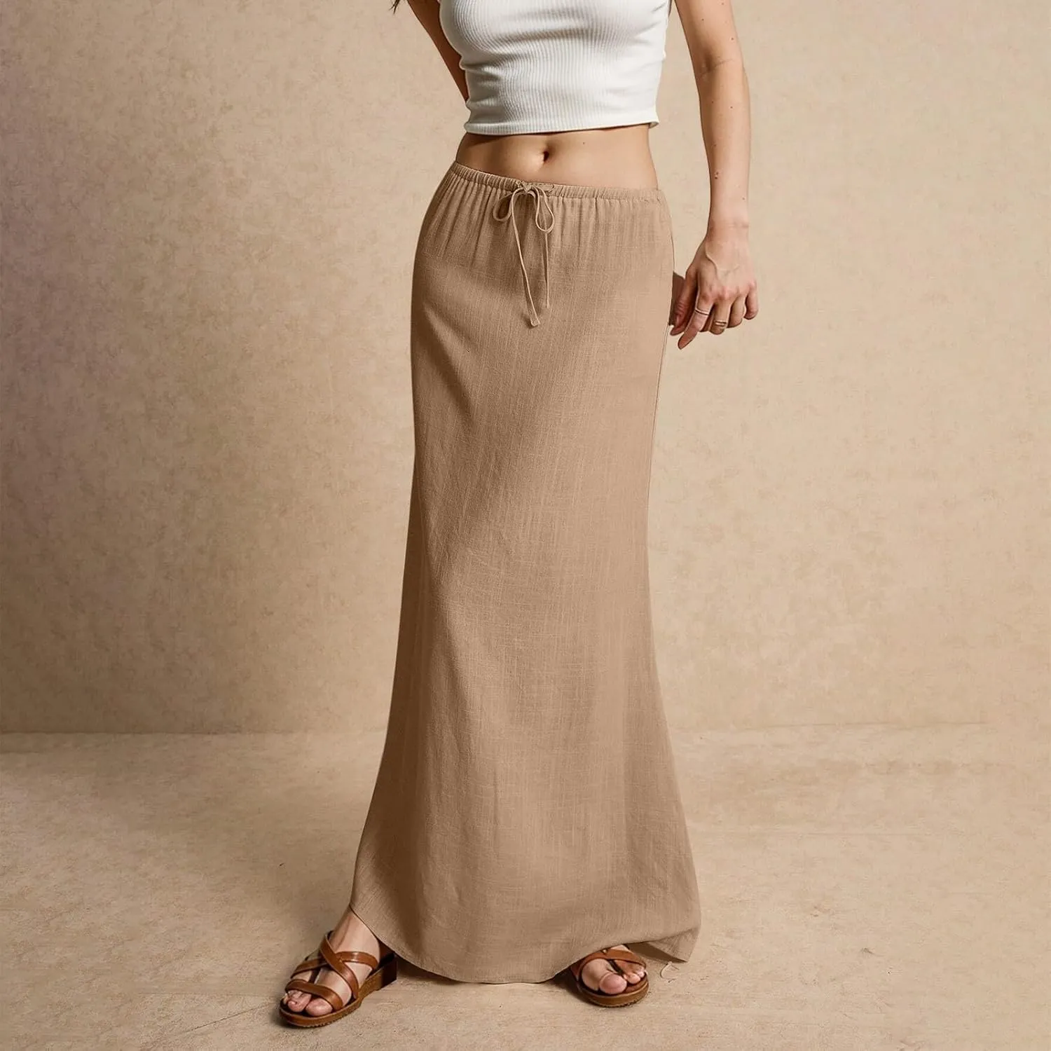 Maxi Skirts for Women Summer Comfy Cotton Linen Long Skirts Casual Low Waisted A Line Skirt Boho Cover Up Beach Skirt