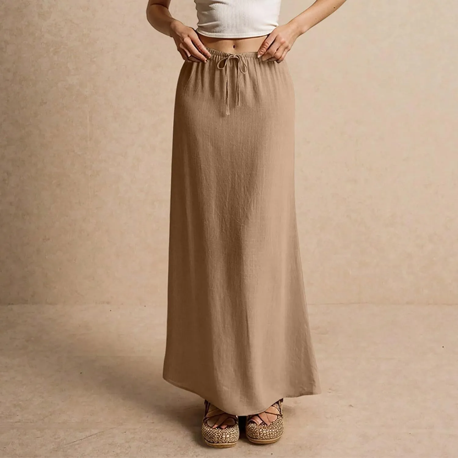 Maxi Skirts for Women Summer Comfy Cotton Linen Long Skirts Casual Low Waisted A Line Skirt Boho Cover Up Beach Skirt