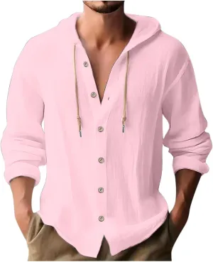 Men Casual Button Down Shirts Long Sleeve Hooded Pollover Tops Fashion Solid Cotton Linen Shirts Quick Dry