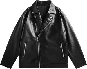 Men Faux Leather Jacket Lapel Collar Motorcycle Irregular Zip Long Sleeve Motor Biker Short Coat Jackets with Pocket