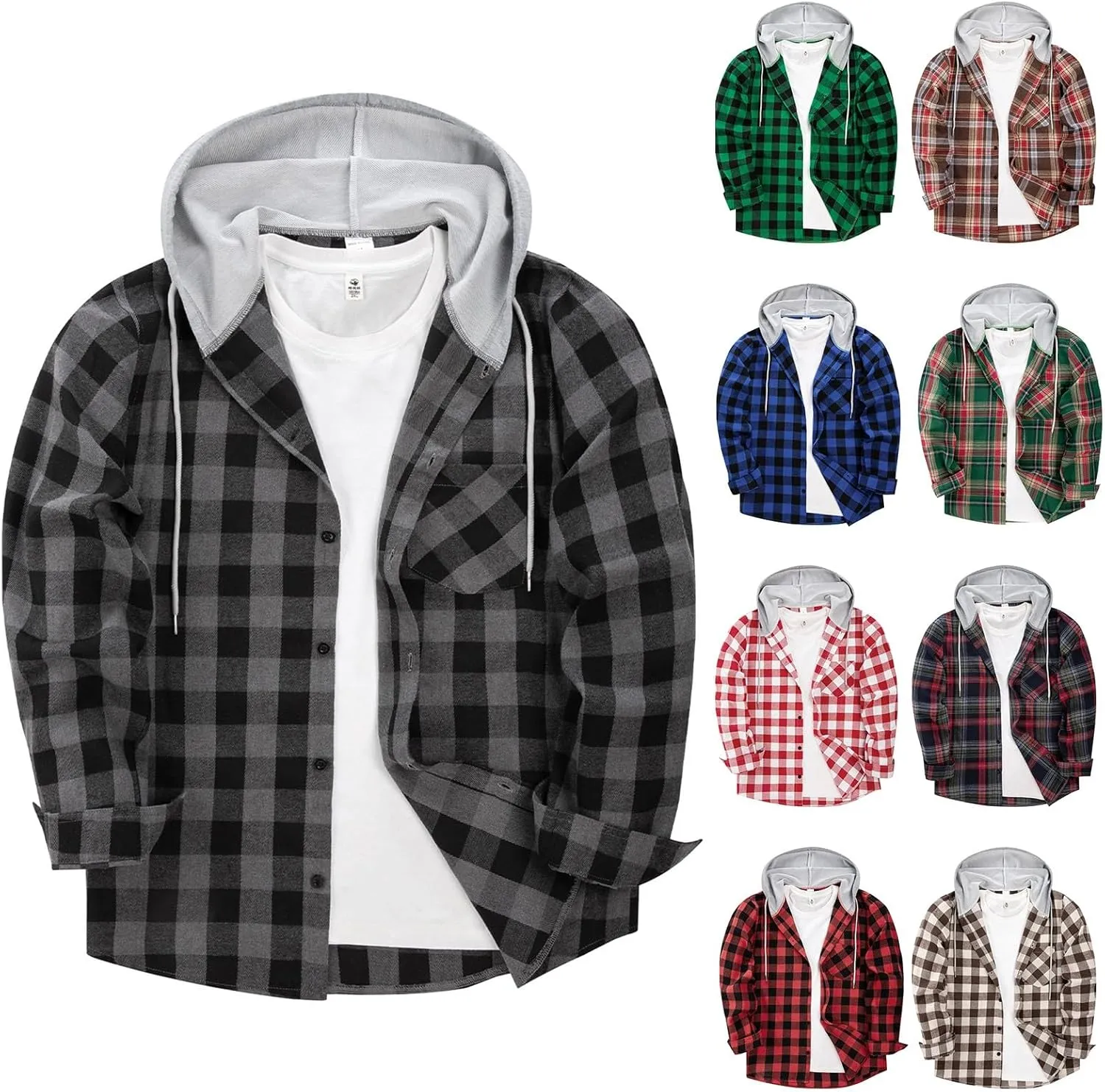 Men Hoodie Jacket Plaid Button Down Shirts 2024 Fall Comfy Oversize Fashion Lightweight Loose Casual Warm Coats