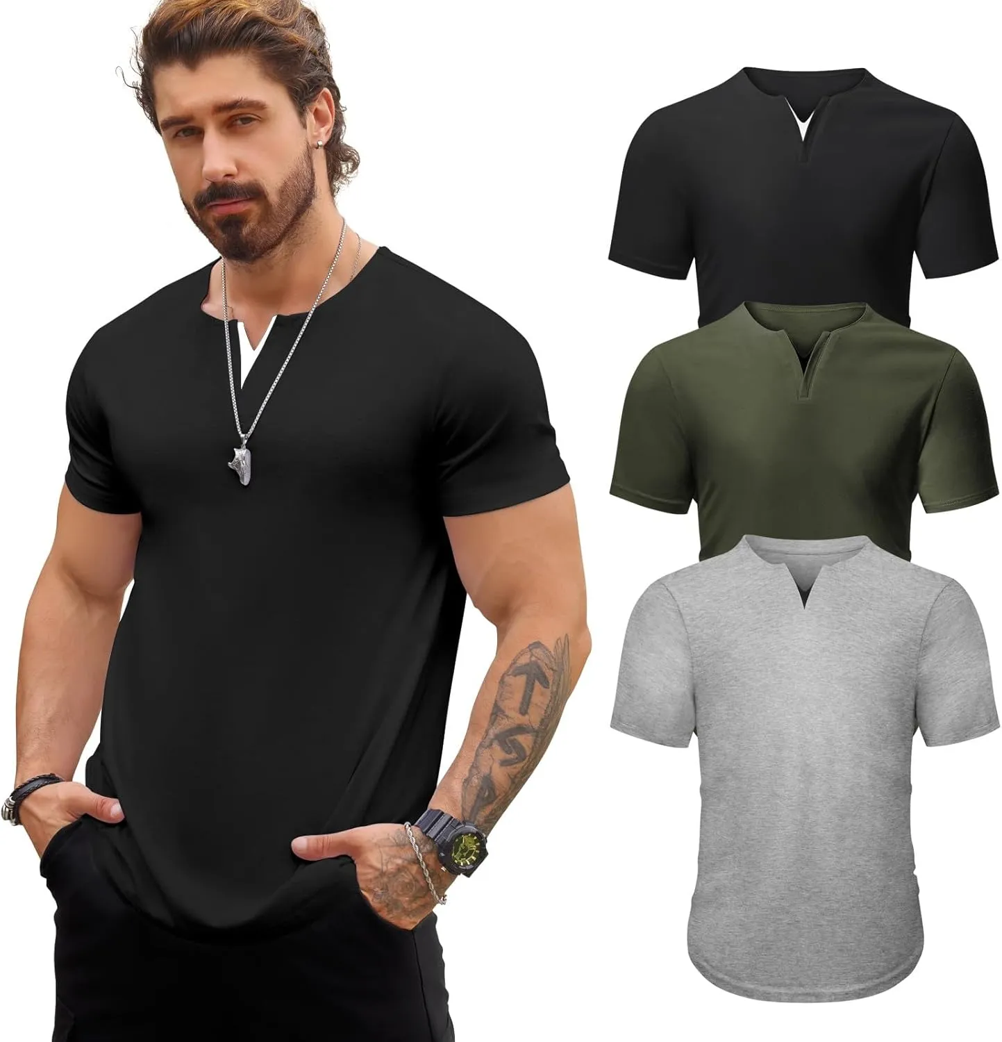 Mens 3 Pack T Shirts Casual Fashion Longline V-Neck Shirt Tee
