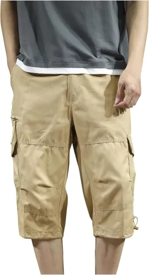 Mens Below Knee Cargo Shorts 3/4 Long Cargo Pants Multi Pocket Workwear Bermuda Shorts Outdoor Sweatpants Capris