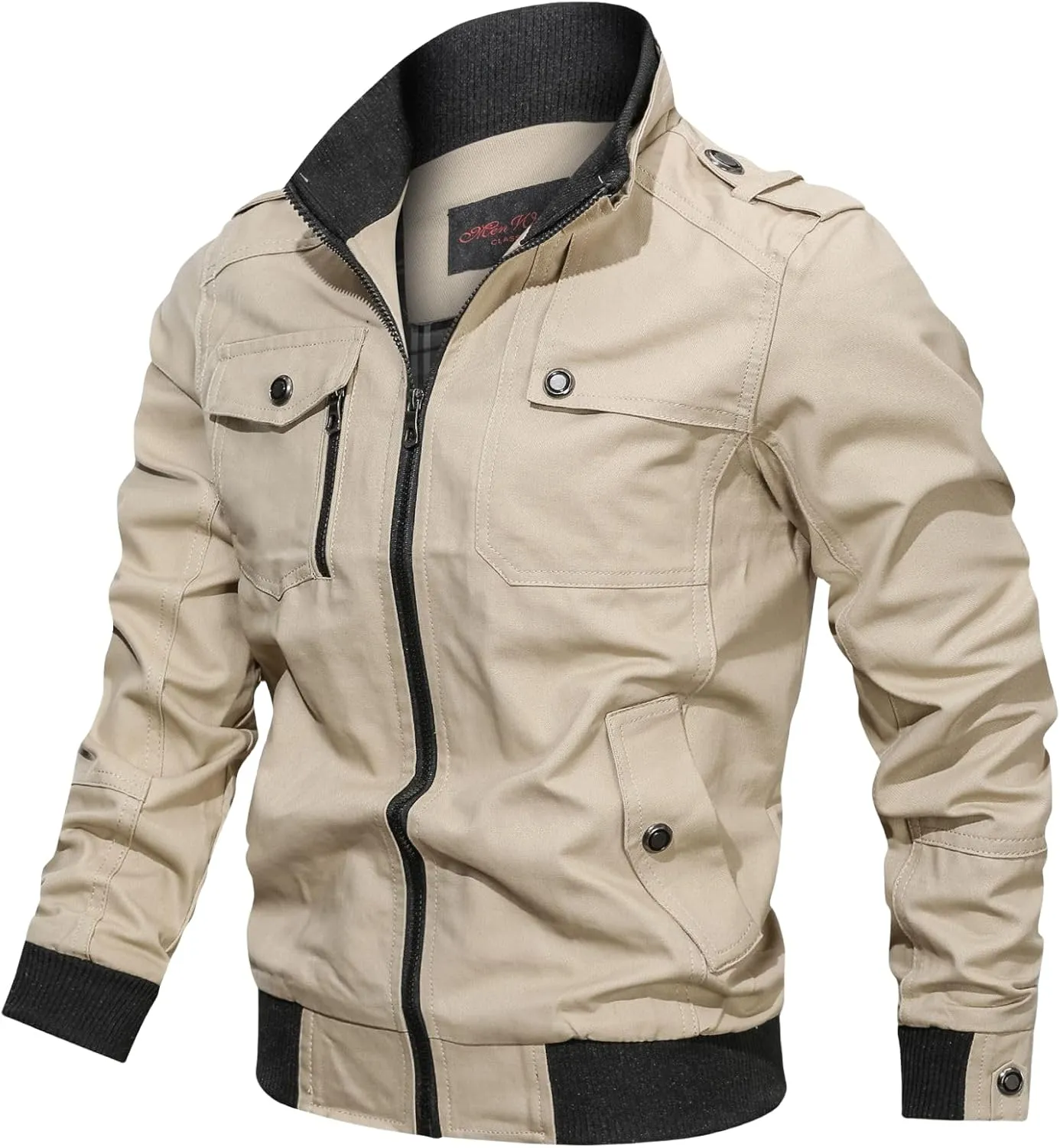 Mens Chic Cotton Military Jackets Stand Collar Long Sleeve Windbreaker with Zipper Casual Bomber Jackets
