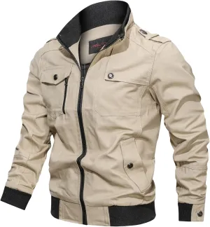 Mens Chic Cotton Military Jackets Stand Collar Long Sleeve Windbreaker with Zipper Casual Bomber Jackets
