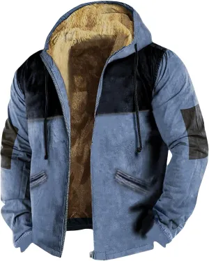 Men's Color Block Jacket Hoodies Winter Heavyweight Fleece Sherpa Lined Zipper Sweatshirt Jackets M-7XL