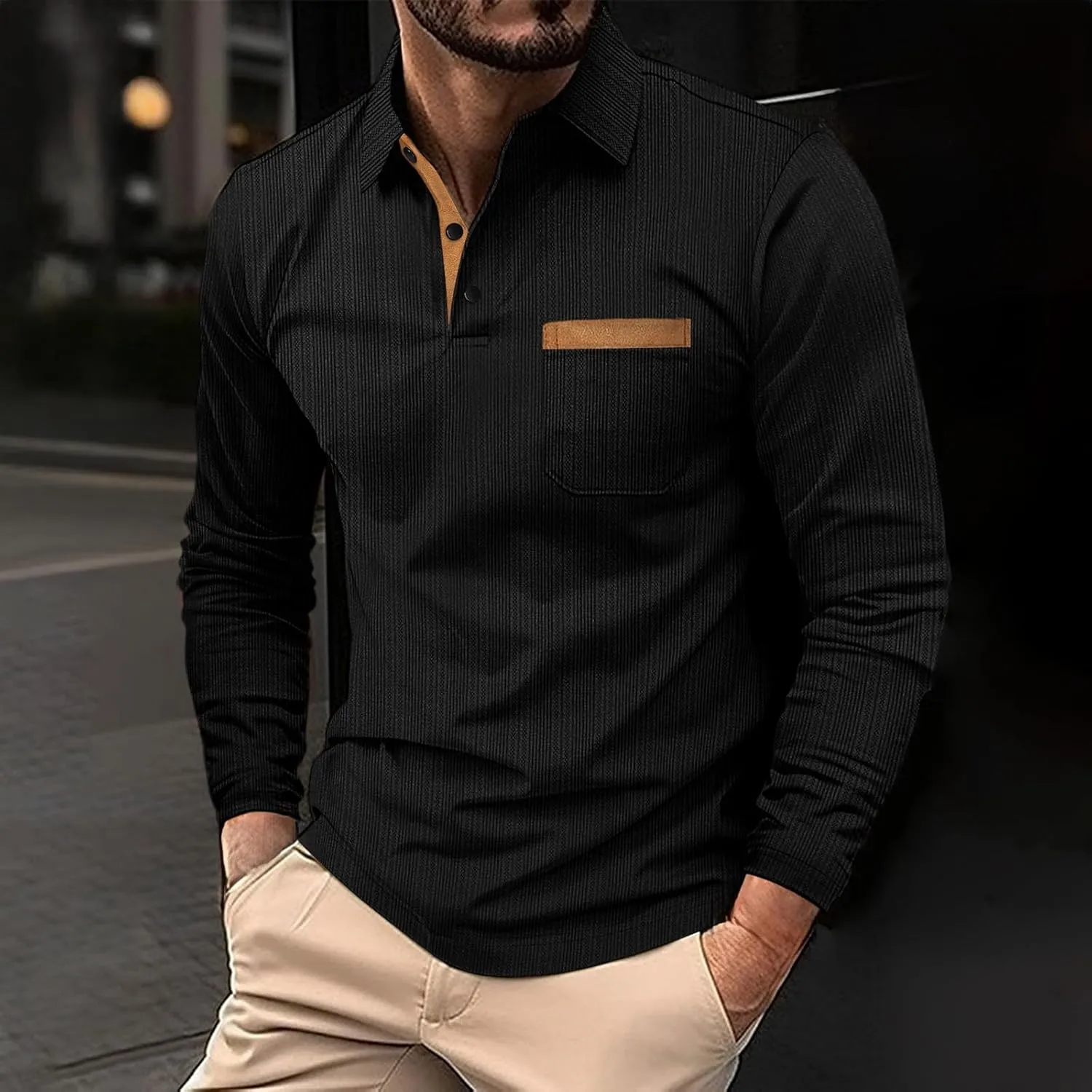Men's Cotton Jersey Long-Sleeve Polo Shirt Men's Fashion Loose Lapel Classic Polo Shirts Button Down Golf Shirts