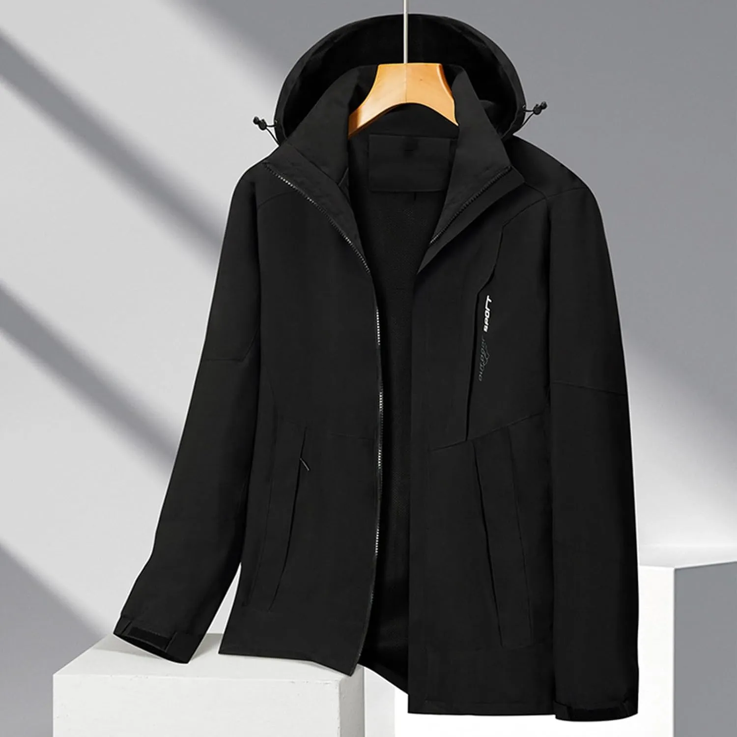 Men's Fall Winter Lightweight Multi Pockets Zip Stand Collar Hooded Patchwork Jackets Windbreaker Outdoor Outerwear