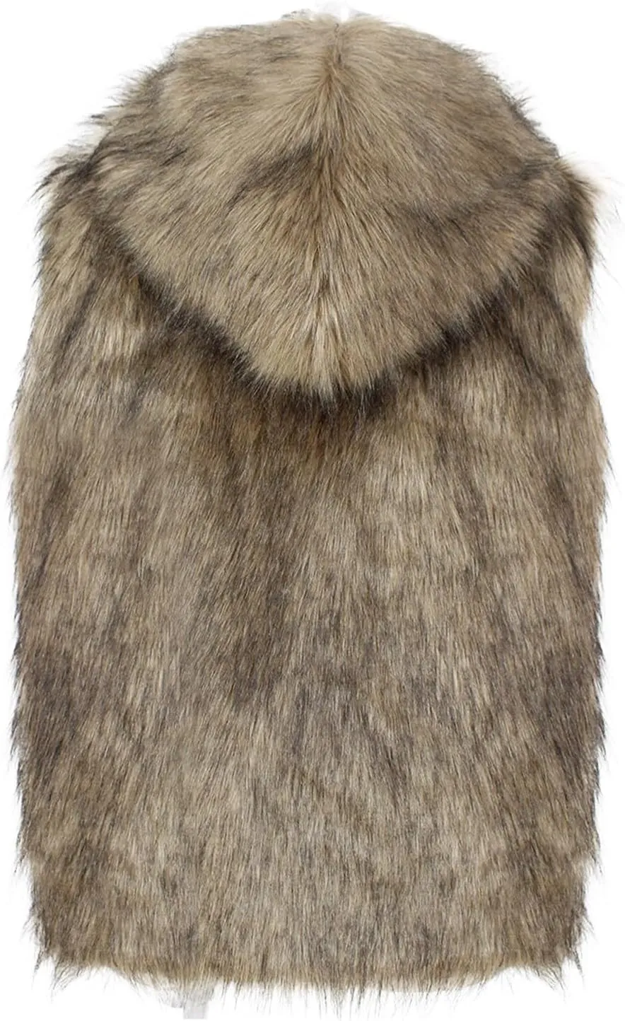 Mens Faux Fur Sleeveless Hooded Waistcoat Winter Fuzzy Sleeveless Vest Jacket Luxury Warm Open Front Cardigan Outwear