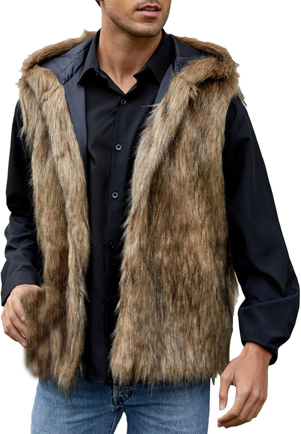 Mens Faux Fur Sleeveless Hooded Waistcoat Winter Fuzzy Sleeveless Vest Jacket Luxury Warm Open Front Cardigan Outwear