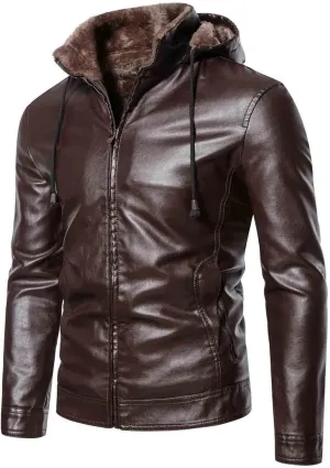 Men's Faux Leather Jacket Warm Fleece Lined Hooded Bomber Jacket Sherpa Causal Thicken Outdoor Biker Jacket Outerwear