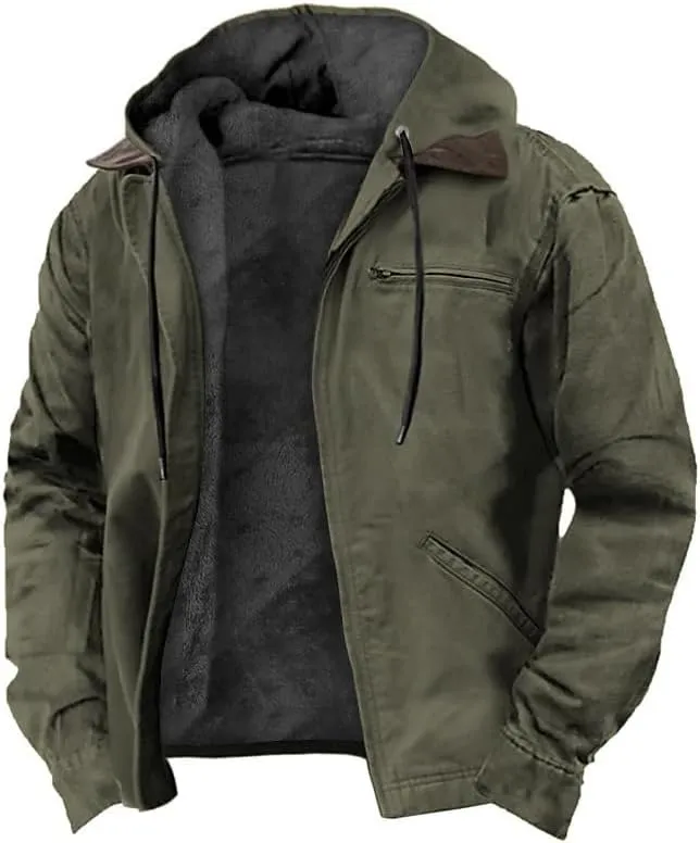 Mens Heavyweight Hoodie Jacket Casual Zip Up Warm Sherpa Fleece Lined with Pockets Tactical Military Cargo Jacket