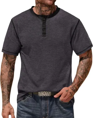Men's Henley Shirts Short Sleeve Casual Waffle Button T-Shirts Basic Cotton Tops (S-XXL)