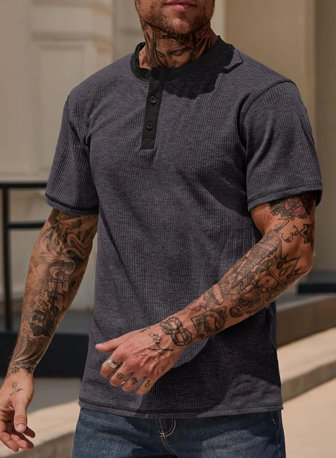 Men's Henley Shirts Short Sleeve Casual Waffle Button T-Shirts Basic Cotton Tops (S-XXL)