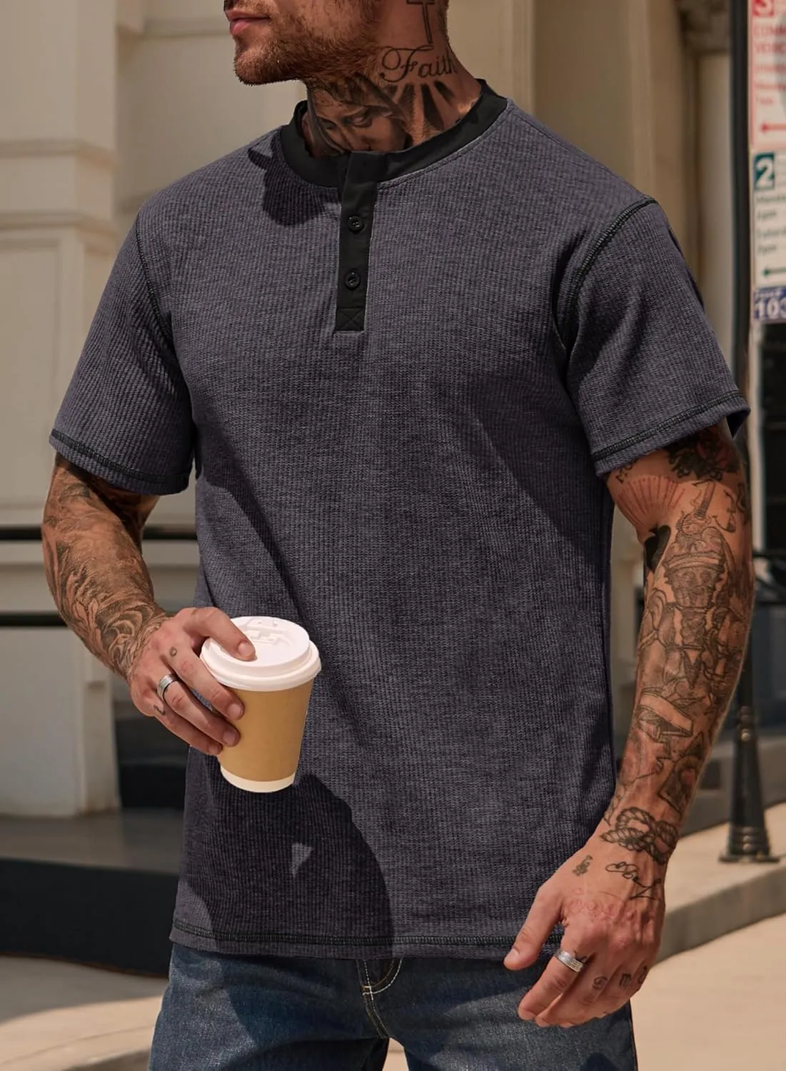 Men's Henley Shirts Short Sleeve Casual Waffle Button T-Shirts Basic Cotton Tops (S-XXL)