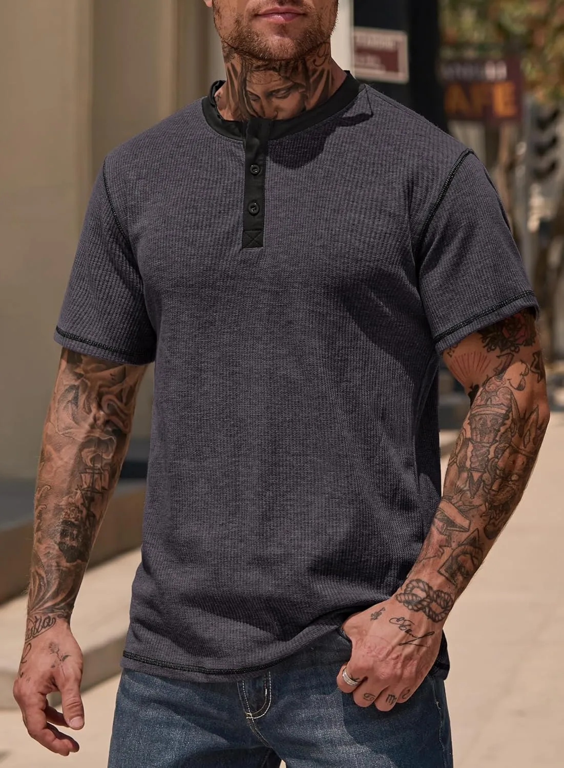 Men's Henley Shirts Short Sleeve Casual Waffle Button T-Shirts Basic Cotton Tops (S-XXL)