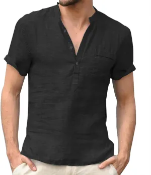 Mens Henley Shirts Short Sleeve V Neck Button Basic Tee Tops Lightweight Quick Dry Loose Boho Beach Hippie Shirt