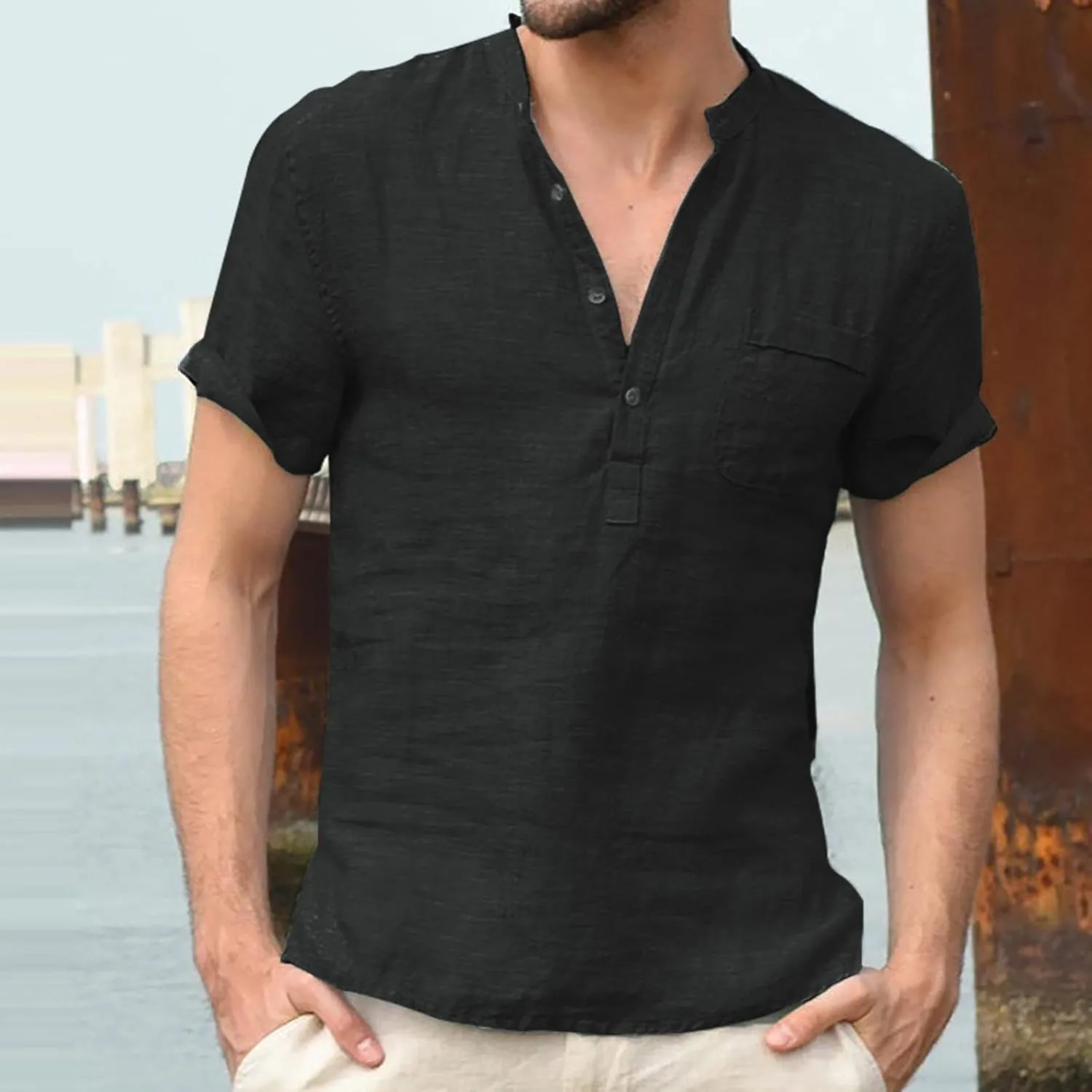 Mens Henley Shirts Short Sleeve V Neck Button Basic Tee Tops Lightweight Quick Dry Loose Boho Beach Hippie Shirt