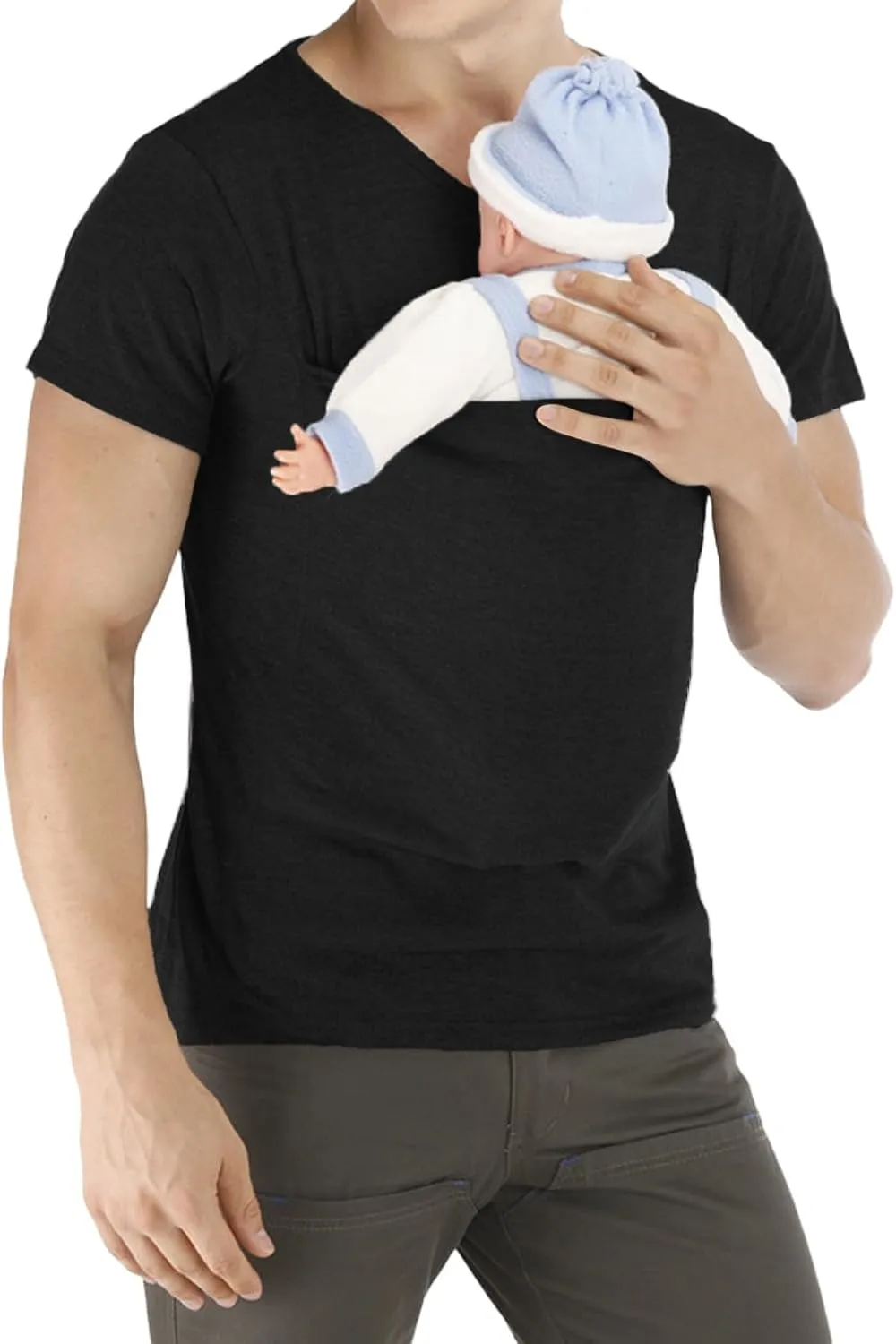 Mens Kangaroo Shirt V Neck Short Sleeve T Shirts for Dad and Mom Skin to Skin T Shirt with Pocket Dad Shirt