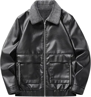 Men's Lapel Collar Faux Leather Jacket Lightweight Waterproof Windproof Bomber Coats Oversize Motorcycle Jackets