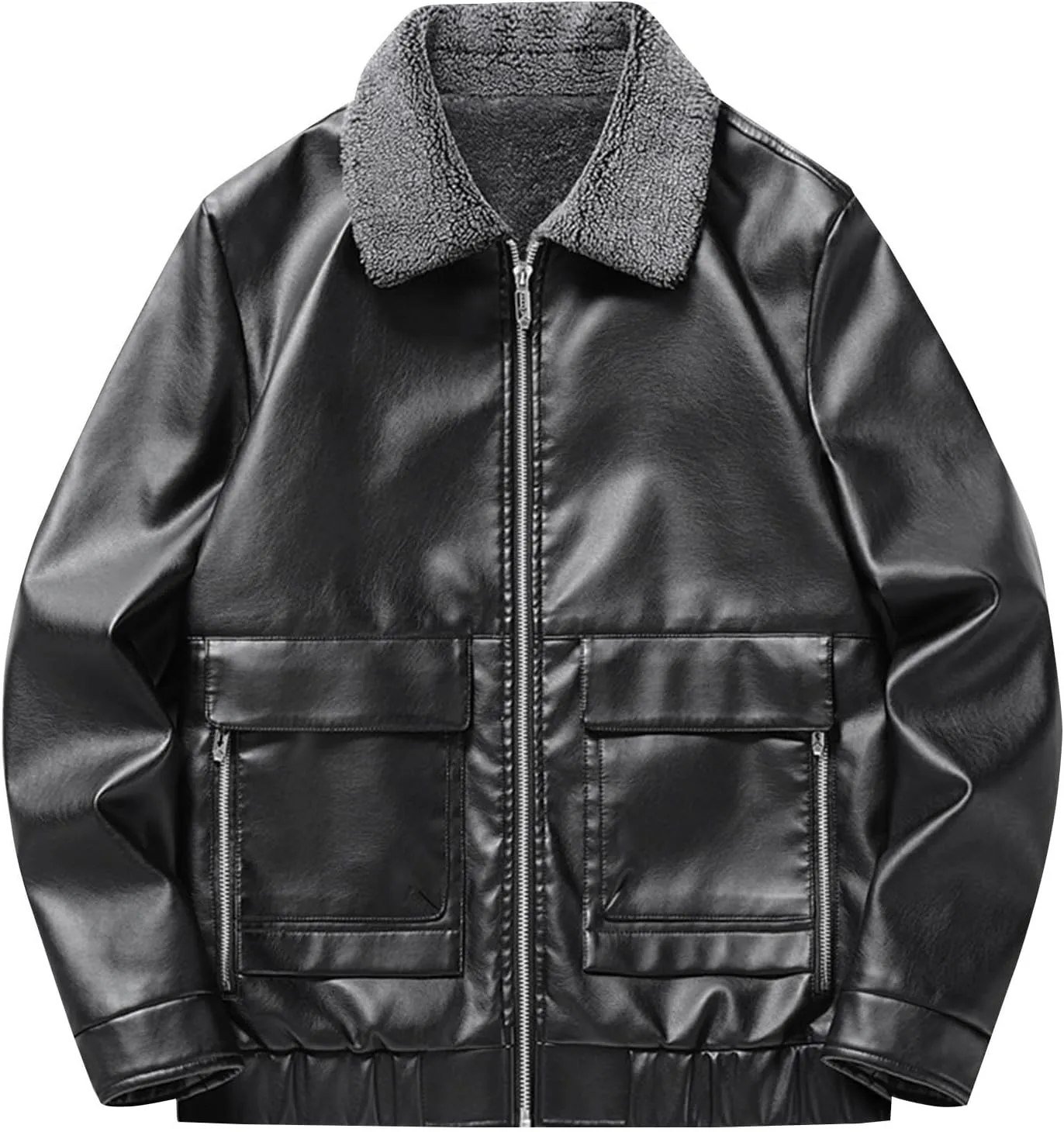 Men's Lapel Collar Faux Leather Jacket Lightweight Waterproof Windproof Bomber Coats Oversize Motorcycle Jackets