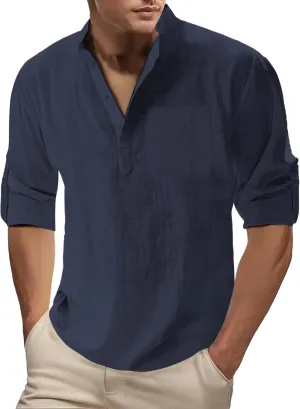 Men's Linen Henley Shirts Casual Cotton 3/4 Sleeve Regular-Fit Summer T-Shirt Breathable Quick Dry Hippie Beach Shirt