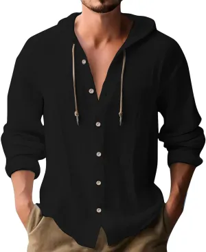 Mens Linen Hoodies Shirt Button Down Roll up Sleeve Yoga Sport T-Shirts Fashion Outdoor Workout Running Exercise Tops