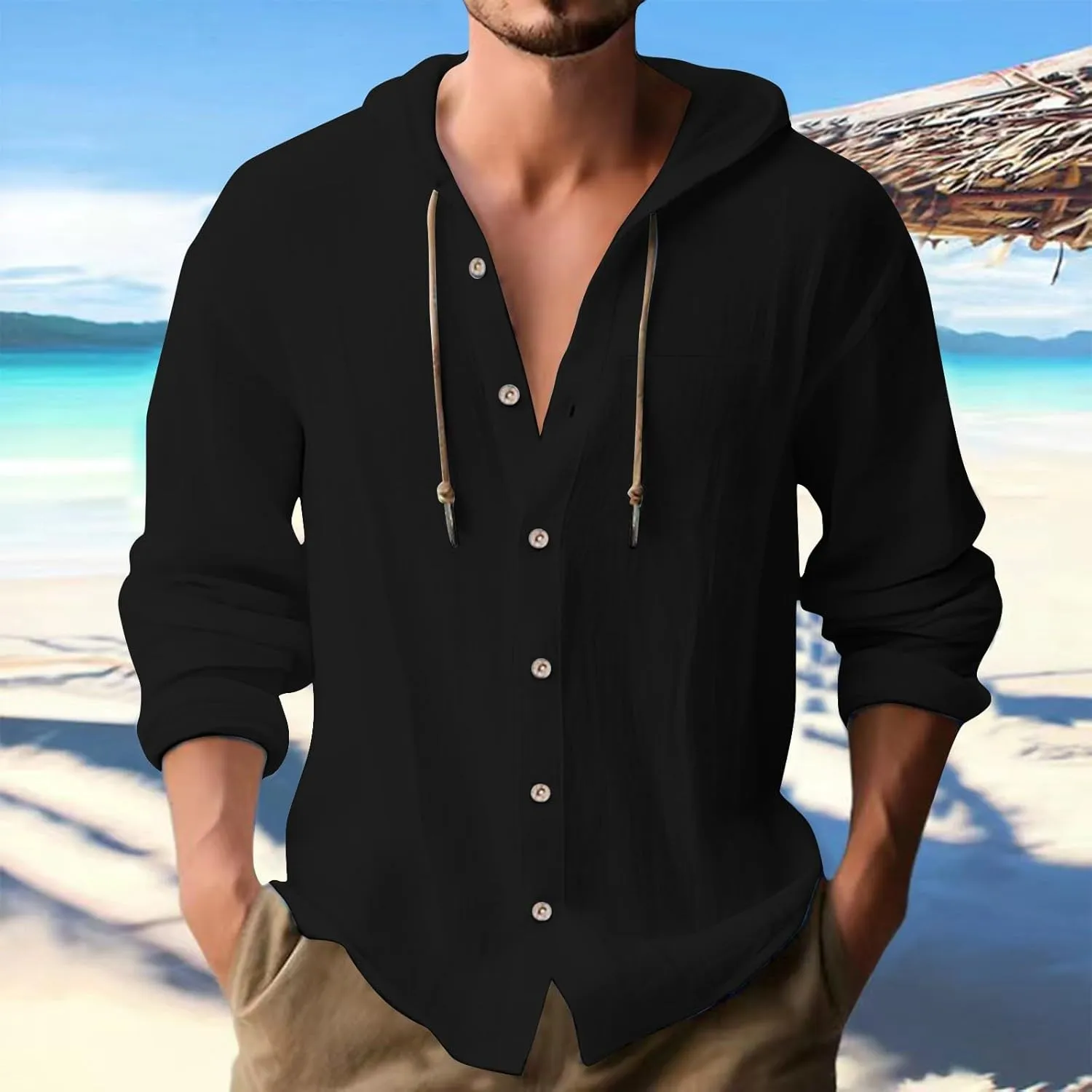 Mens Linen Hoodies Shirt Button Down Roll up Sleeve Yoga Sport T-Shirts Fashion Outdoor Workout Running Exercise Tops