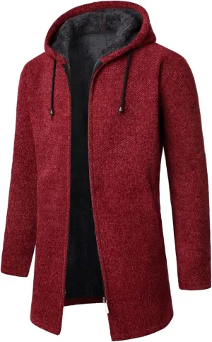 Men's Polar Fleece Warm Sherpa Lined Shirt Jacket Mens Knitted Long Jacket Full Zip Drawstring Thermal Hooded Jacket For Men Fall Winter Leisure Outdoor Jacket