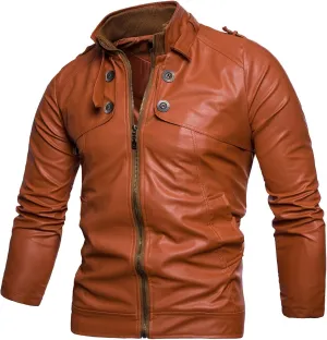 Men's PU Leather Biker Jacket Vintage Stand Collar Motorcycle Jackets Long Sleeve Full Zip Slim Fit Cool Coat Jackets