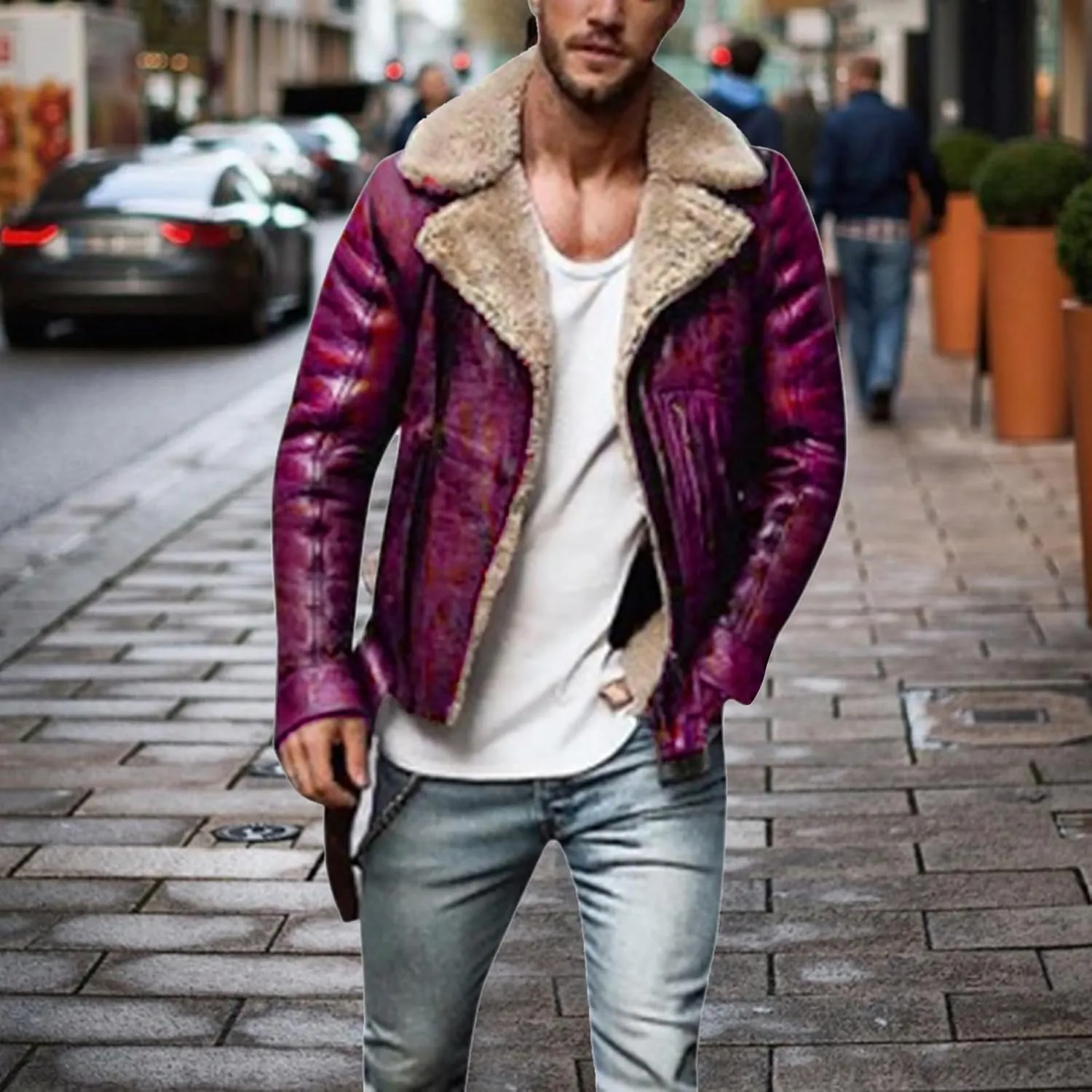 Mens Shearling Sheepskin B3 Flying Aviator Bomber Leather Jacket Lamb Wool Bomber with Faux Leather