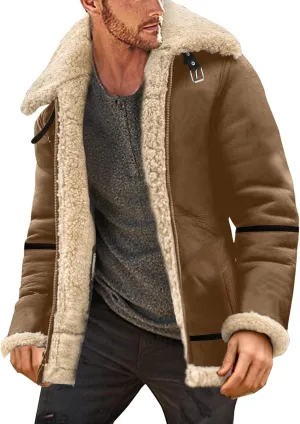 Mens Sherpa Fleece Lined Winter Coat Warm Suede Leather Outdoor Casual Faux Shearling Sheepskin Fur Collar Jackets,C1Khaki,XX-Small