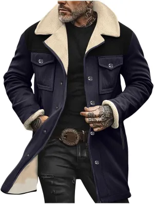 Men's Sherpa Lined Suede Jacket Winter Warm Trench Coat Lapel Button Down Windbreaker Overcoat with Pockets