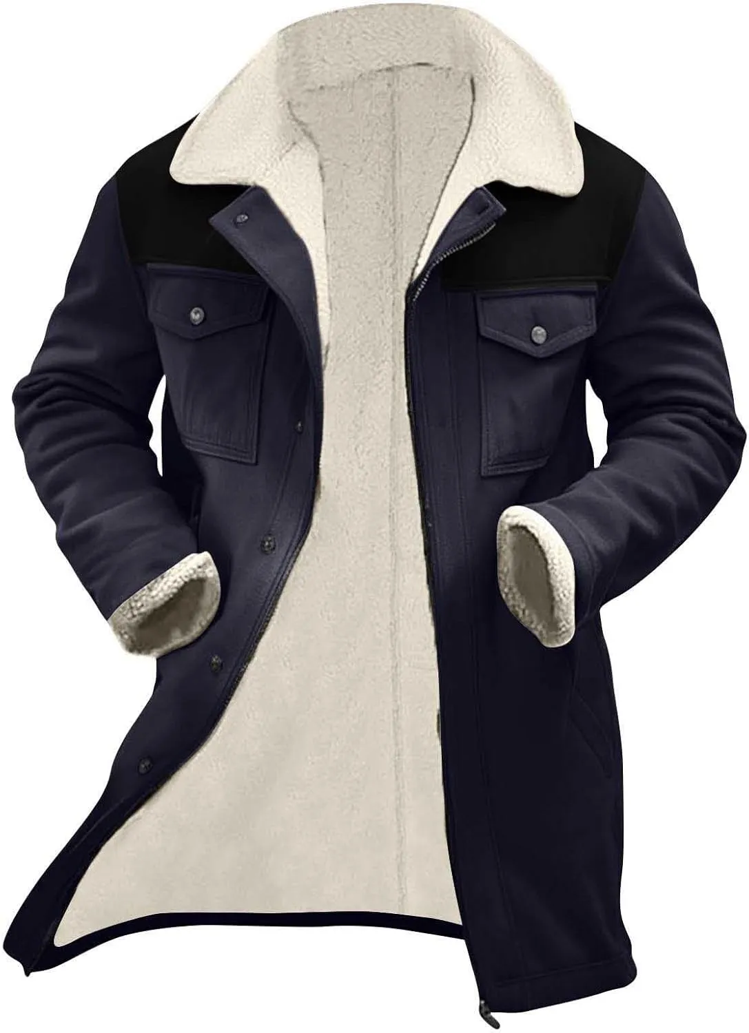 Men's Sherpa Lined Suede Jacket Winter Warm Trench Coat Lapel Button Down Windbreaker Overcoat with Pockets