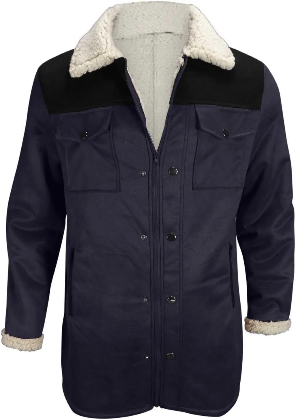 Men's Sherpa Lined Suede Jacket Winter Warm Trench Coat Lapel Button Down Windbreaker Overcoat with Pockets