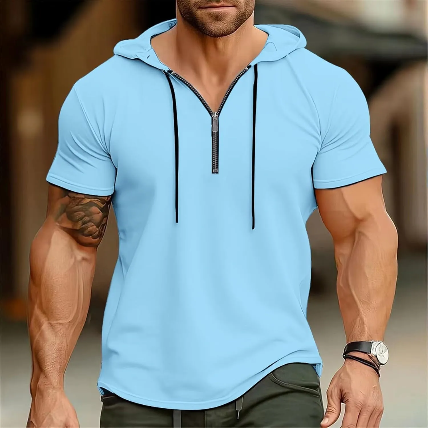 Men's Short Sleeve Hoodies Summer Trendy Zip Up Hooded Pullover Top Slim Fit Performance Moisture Wicking Sport Shirts