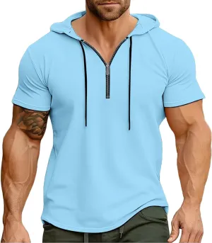 Men's Short Sleeve Hoodies Summer Trendy Zip Up Hooded Pullover Top Slim Fit Performance Moisture Wicking Sport Shirts
