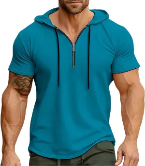Men's Short Sleeve Hoodies Summer Trendy Zip Up Hooded Pullover Top Slim Fit Performance Moisture Wicking Sport Shirts