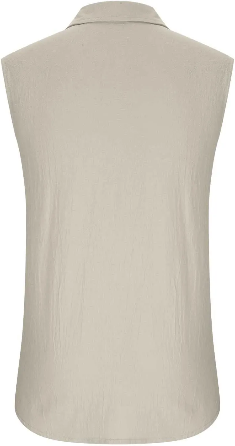Mens Sleeveless Button Down Shirts Summer Beach Basic Tank T-Shirt Tops Linen Cotton Casual Dress Shirt with Pockets