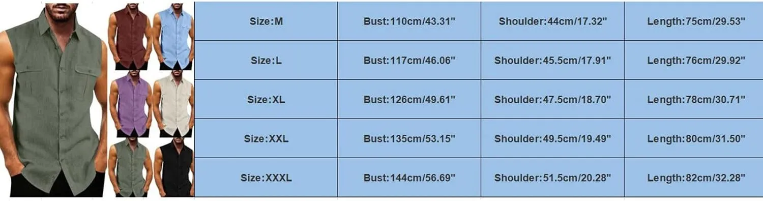 Mens Sleeveless Button Down Shirts Summer Beach Basic Tank T-Shirt Tops Linen Cotton Casual Dress Shirt with Pockets