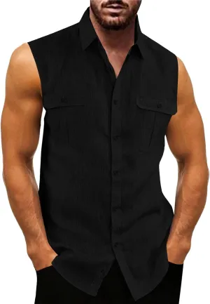 Mens Sleeveless Button Down Shirts Summer Beach Basic Tank T-Shirt Tops Linen Cotton Casual Dress Shirt with Pockets
