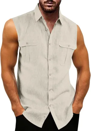 Mens Sleeveless Button Down Shirts Summer Beach Basic Tank T-Shirt Tops Linen Cotton Casual Dress Shirt with Pockets