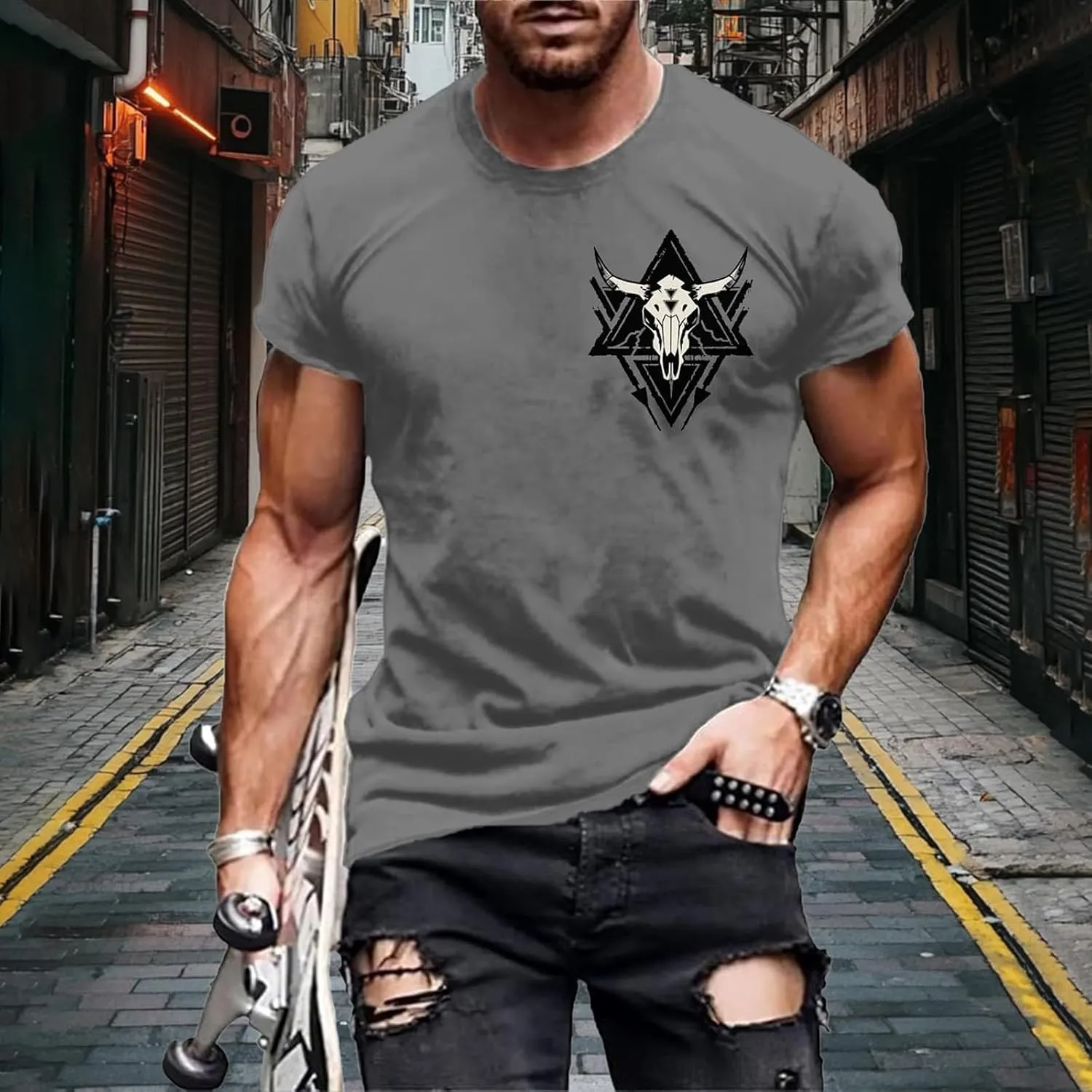 Mens Slim Fit Graphic Tees 2025 Trendy Short Sleeve Vintage T-Shirts Letter Horns Print Casual Crewneck Cotton Tops