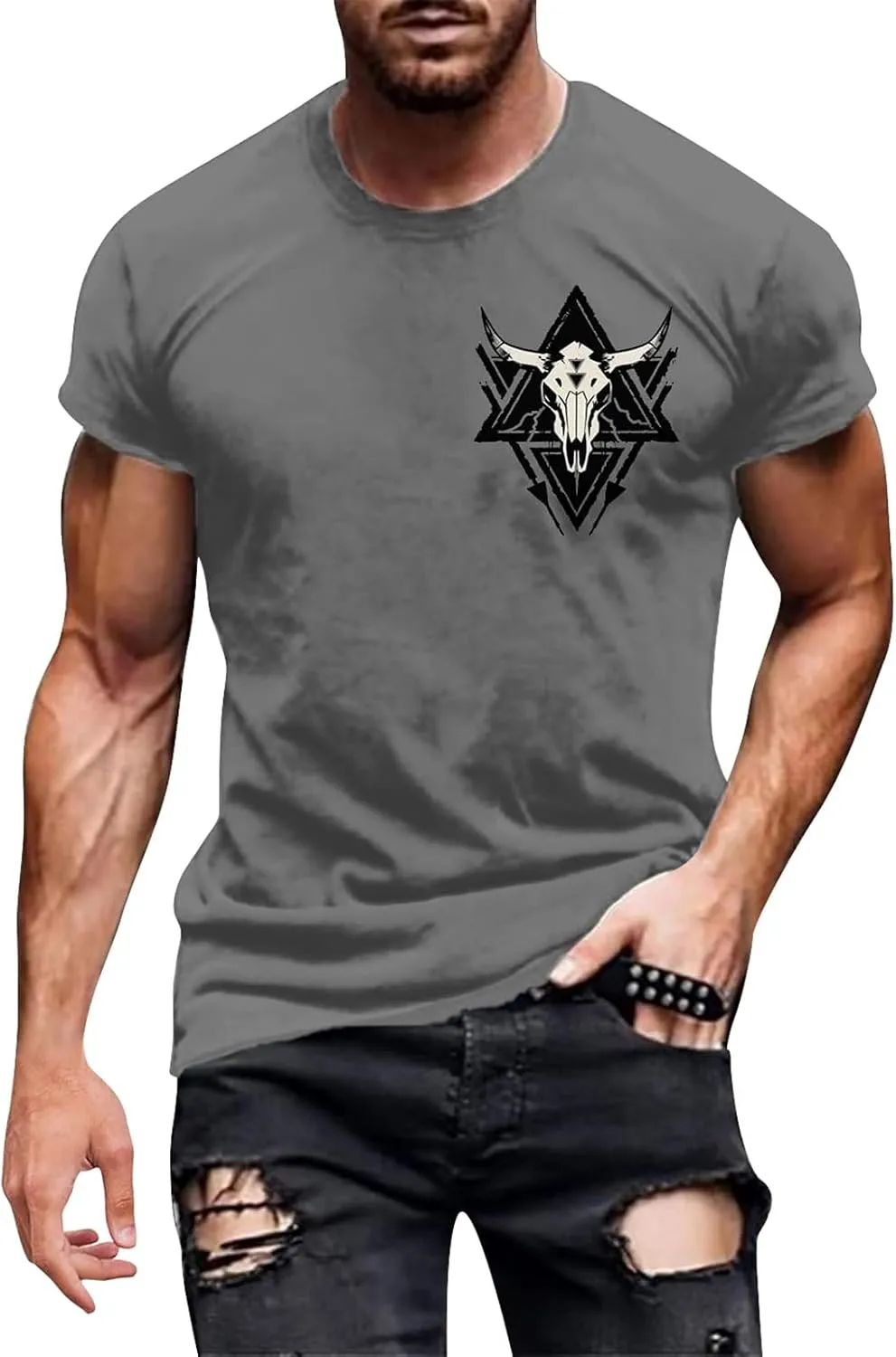 Mens Slim Fit Graphic Tees 2025 Trendy Short Sleeve Vintage T-Shirts Letter Horns Print Casual Crewneck Cotton Tops