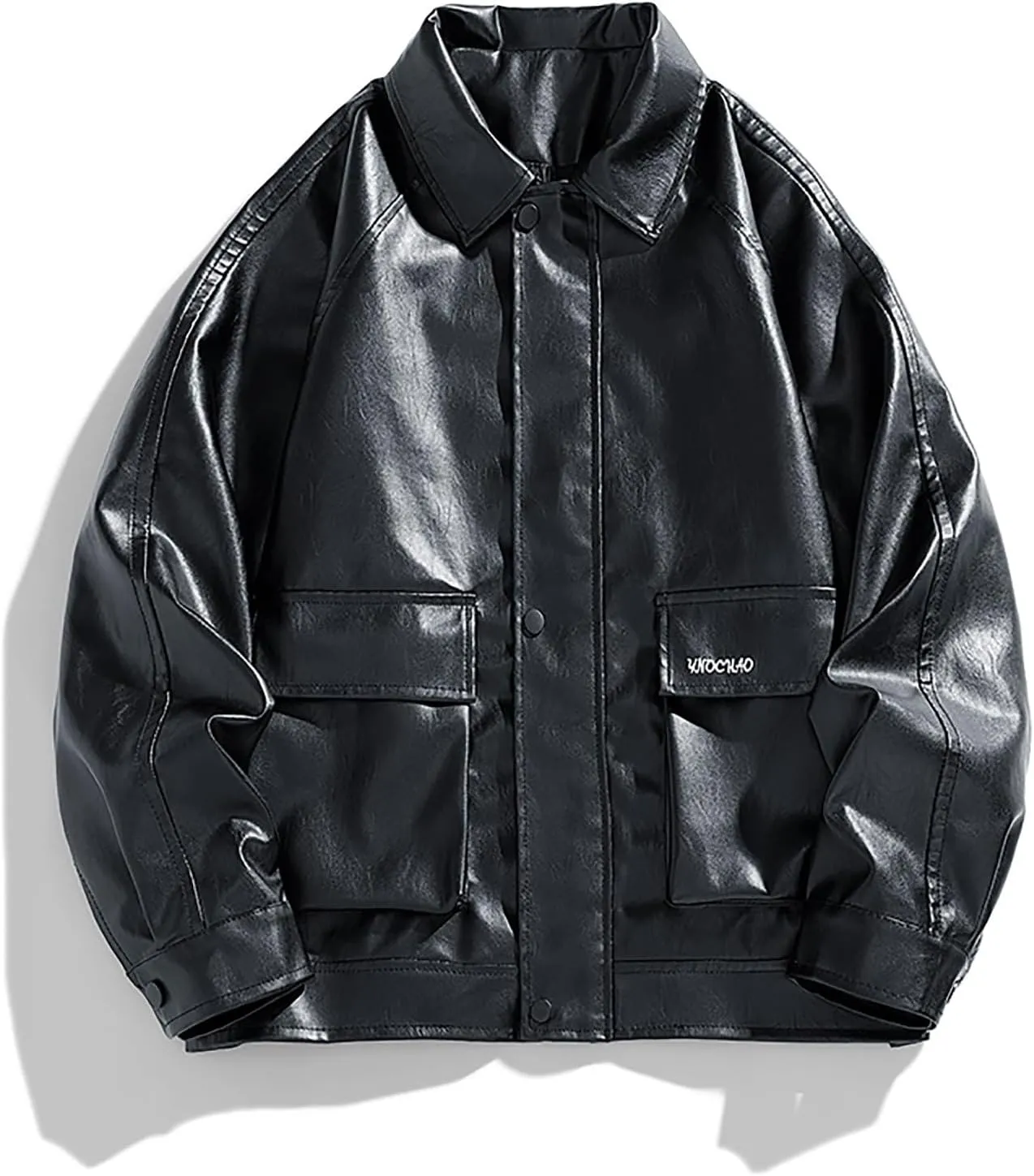 Mens Slim Fit Lapel Collar Motorcycle Jacket Faux Leather Solid Handsome Jacket Fashion Casual Zip Up Baseball Coat