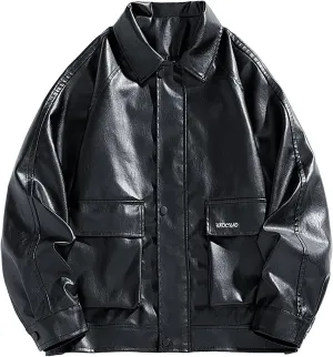 Mens Slim Fit Lapel Collar Motorcycle Jacket Faux Leather Solid Handsome Jacket Fashion Casual Zip Up Baseball Coat