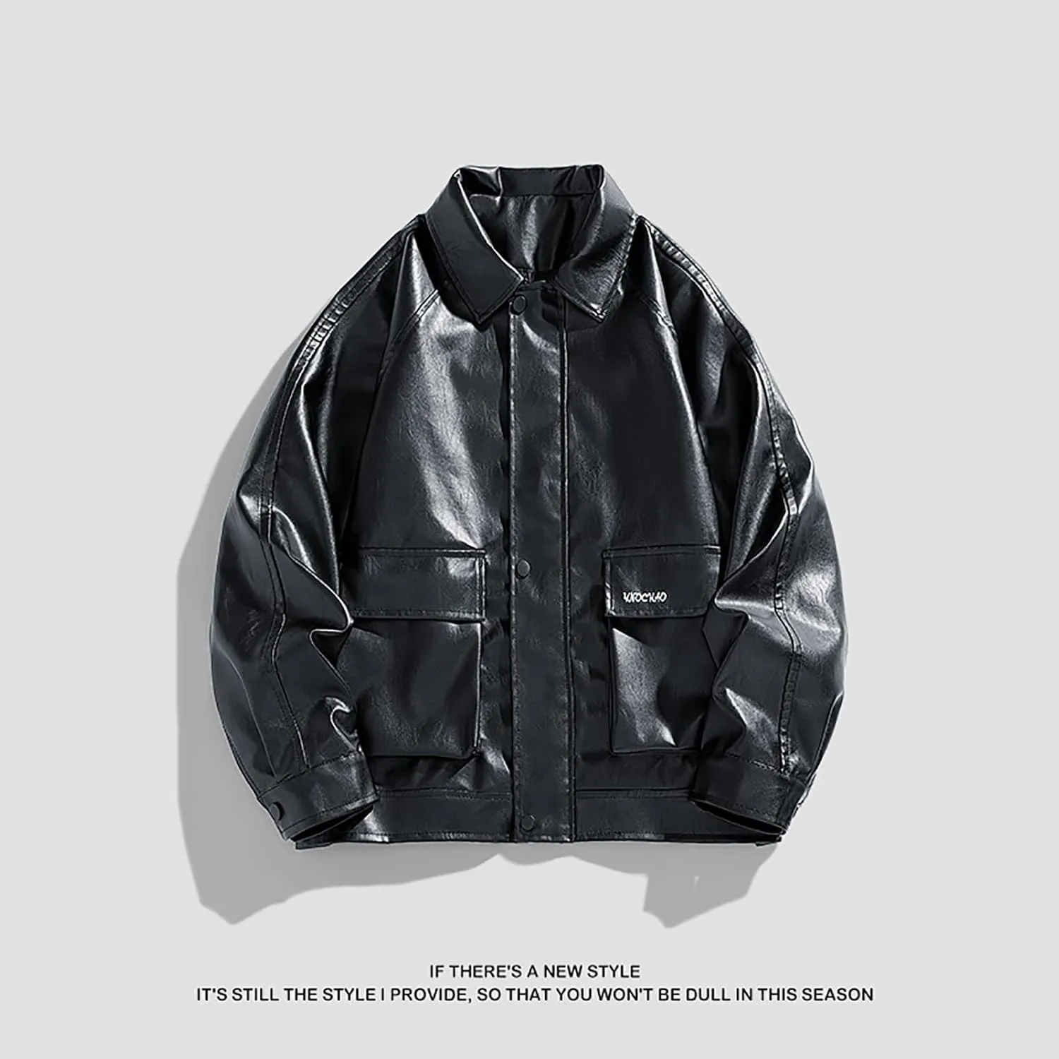 Mens Slim Fit Lapel Collar Motorcycle Jacket Faux Leather Solid Handsome Jacket Fashion Casual Zip Up Baseball Coat